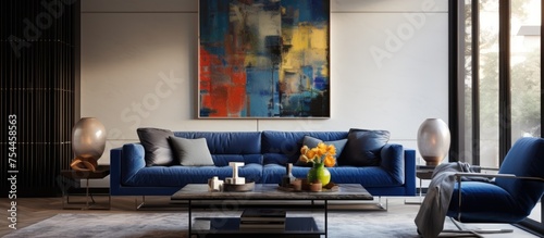 A modern living room is filled with furniture including two dark blue sofas, a coffee table, lamps, and a painting hanging on the wall. The room appears well-furnished and inviting.