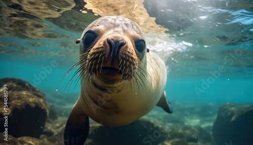 A South American sea lion is seen up close swimming in the water. The sea lions body is visible, with its distinctive whiskers and sleek fur glistening in the sunlight © Anna