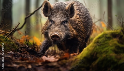 A wild boar, a large and robust mammal with tusks, is moving through a dense forest with tall trees and scattered undergrowth. The boars dark fur blends in with the earthy tones of the woodlands.