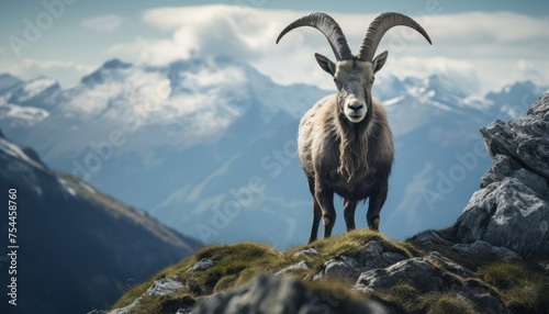 A mountain goat, known as an Alpine Ibex, standing confidently on top of a rocky hill. The Ibex is surveying its surroundings, showcasing its agility in navigating the rugged terrain