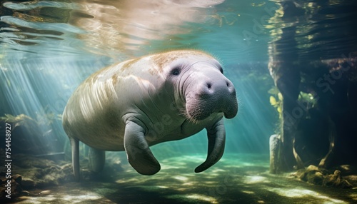 A dugong is captured in its natural habitat as it gracefully grazes underwater, showcasing its unique feeding behavior. The dugongs movements are rhythmic and methodical.