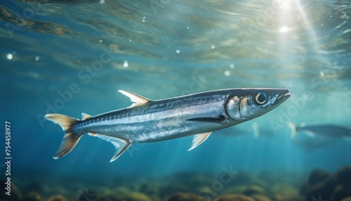 A European anchovy fish gracefully swims in its natural habitat, effortlessly gliding through the clear water