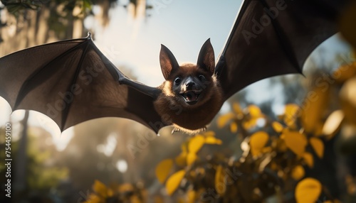 A bat, part of the Flying Fox Various Species, flying from a tree.