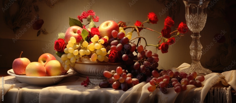 A wooden table is topped with a bowl of assorted fruits including apples, bananas, and grapes, alongside a separate bowl filled with ripe purple grapes. Next to the fruit bowls,