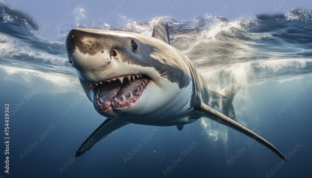 Fototapeta premium A Great White Shark, with its sharp teeth visible, opens its mouth wide in the water as it swims gracefully