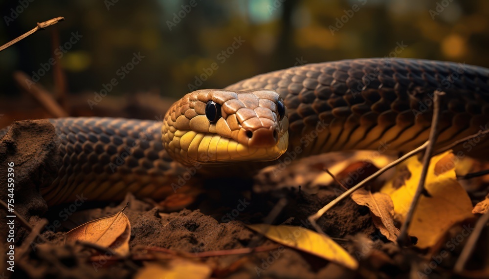 Obraz premium The image shows a close-up view of an Indian Cobra slithering on the ground, showcasing its scales and unique patterns. The snake appears alert and ready to strike