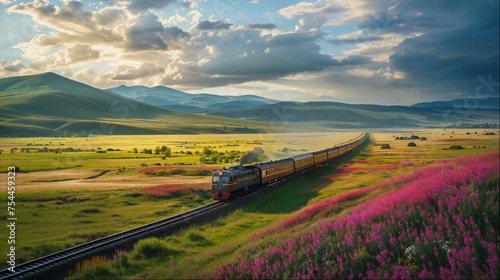 A passenger train rushes through summer fields