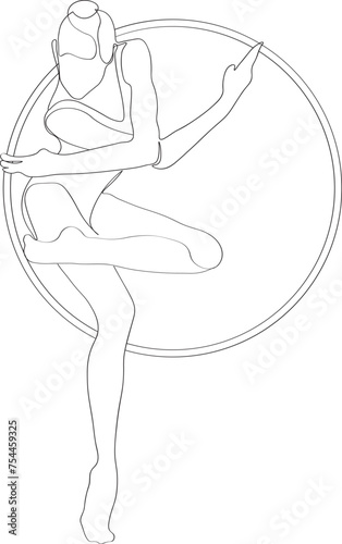 One line sketch of the silhouette of a gymnast with a hoop.