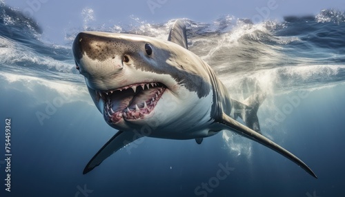 A Great White Shark  with its sharp teeth visible  opens its mouth wide in the water as it swims gracefully