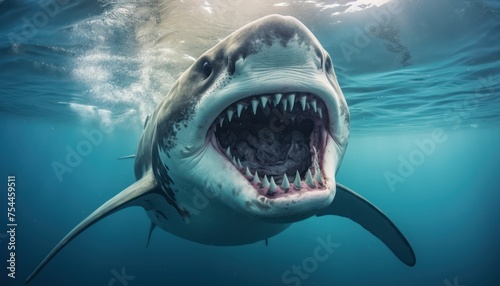 A great white shark, showcasing its powerful jaws, open wide as it swims through the ocean waters © Anna