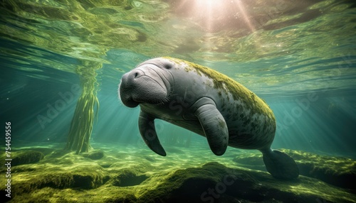 A Manatee gracefully glides through the clear blue waters, its flippers propelling it forward. The sunlight filters through the surface, creating beautiful patterns on its shell
