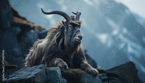 A Markhor, a large horned animal, is sitting on top of a rocky hillside. The animals prominent horns are visible as it gazes into the distance, surrounded by rugged terrain