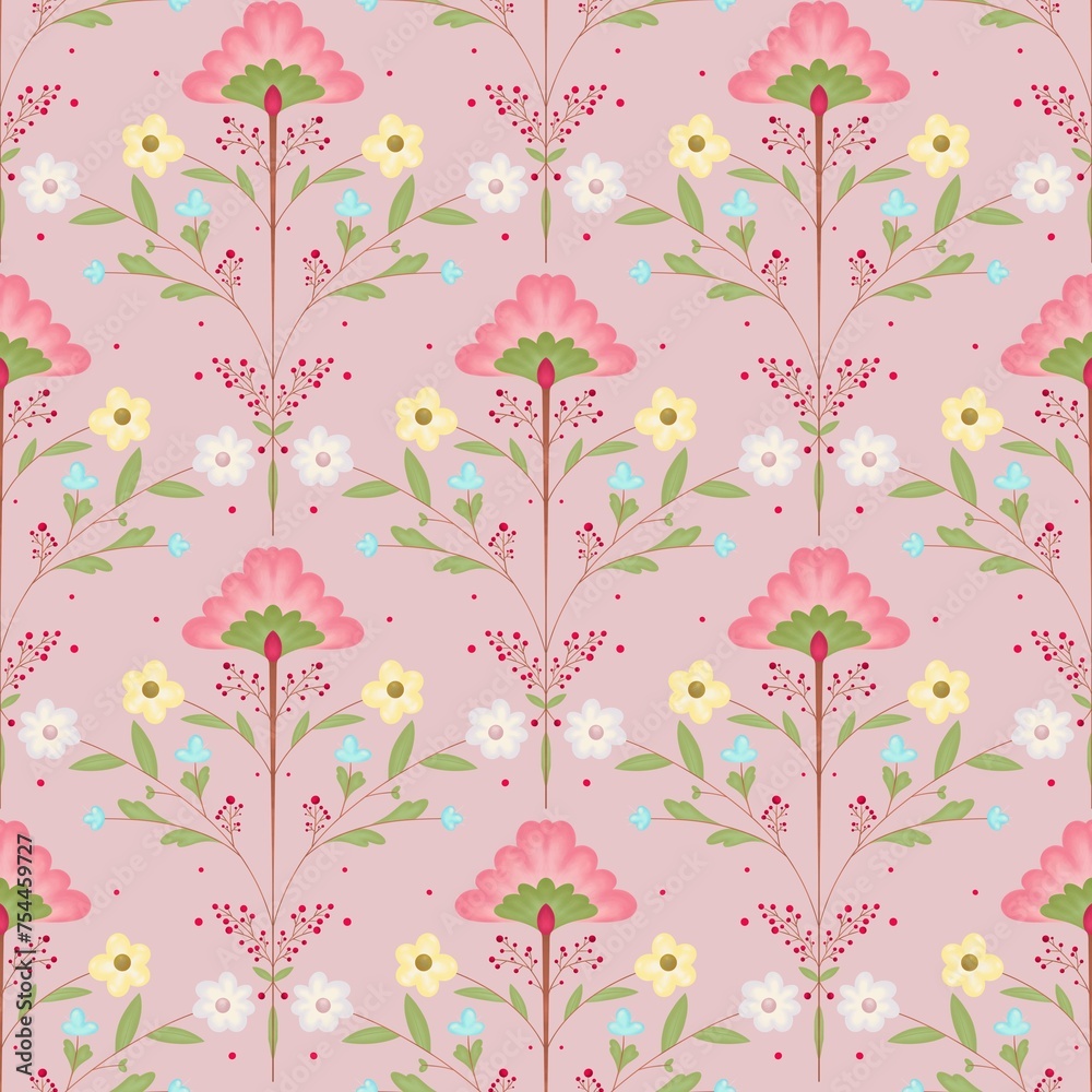 Spring botanical pattern on a pink background