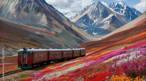 A passenger train rushes through summer fields