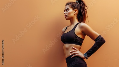 A woman in a black tank top and black leggings stands in front of a wall. She is wearing a watch and a wristband