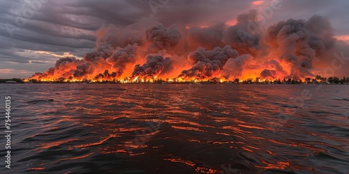 Flames Rising from the Ocean: A Fierce Display of Fiery Power, Reflecting the Unseen Forces of Nature's Fury