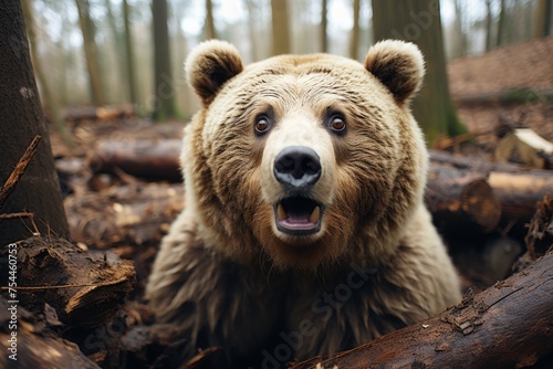 Surprised bear with wide open eyes and stretched mouth looking curious and astonished