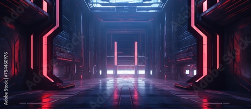 A long corridor is filled with a haunting glow from red neon tubes lining the walls, creating a futuristic and gothic atmosphere. The hallway stretches far into the distance,