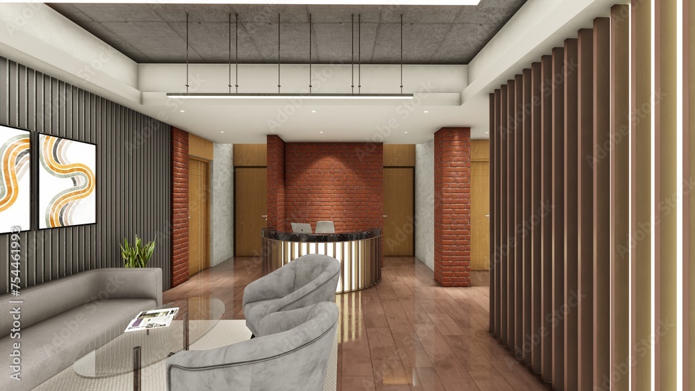 Interior design of office space with false ceiling and wood panels 3d ...