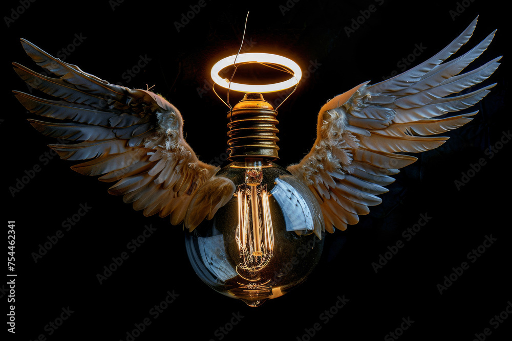 Fototapeta premium A light bulb with wings and a halo