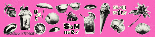 Summer beach halftone collage elements set with text. Grunge cut out of a magazine shapes. Ice cream, tropical leaves, cold drinks, fruits. Trendy modern retro illustration 100% vector dots texture