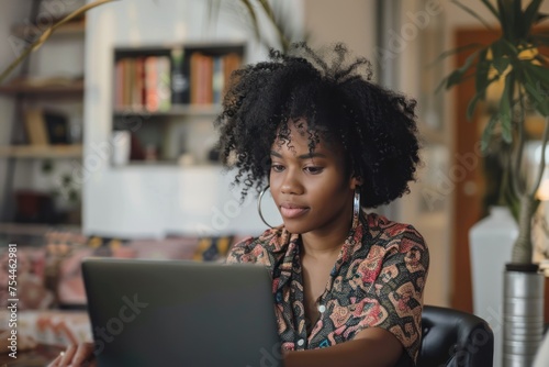 A woman with curly hair is sitting at a desk with a laptop in front of her. She is focused on her work and she is in a serious mood