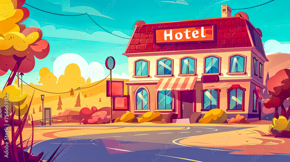Colorful cartoon hotel in quaint town setting