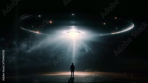 A man looks at a UFO or alien floating above a rice field in the clouds. floating above the sky flying objects like spaceships and alien invasion, extraterrestrial life, space travel, spaceships	
 photo