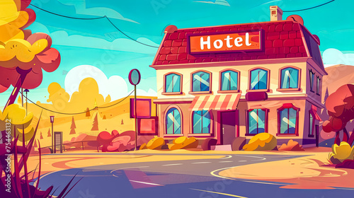 Colorful cartoon hotel in quaint town setting