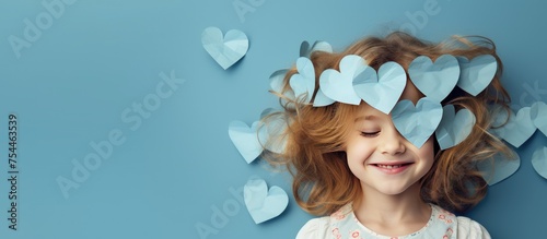 A little girl is shown in a half-length portrait, covering her eyes with paper hearts on a blue background.