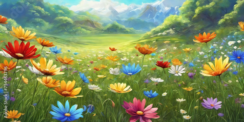 Spring landscape, blossoming field with green grass, colored flowers, blue sky with clouds, trees and mountains on the horizon. Nature illustration. Generative AI