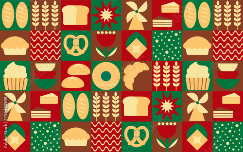 Baking and dessert in trendy geometric style - seamless pattern with icons related to bakery, cafe, cupcakes and logo design templates. Bauhaus pattern abstract geometric.