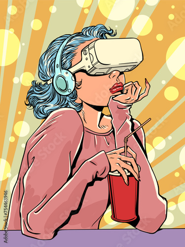 A girl wearing headphones and VR glasses sits in a cafe. An alternative reality against the backdrop of our everyday life. New opportunities for socialization and education.
