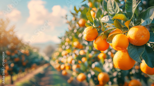Bright ripe tangerines on a branch overlooking a sunset mountain landscape, orchards and fruit plantations