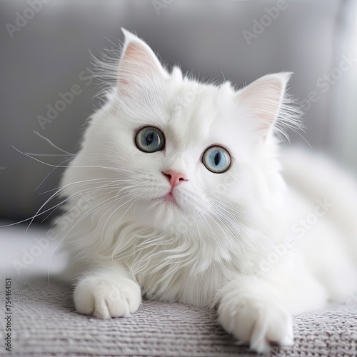 A white Ragdoll cat with blue eyes lounges on a couch