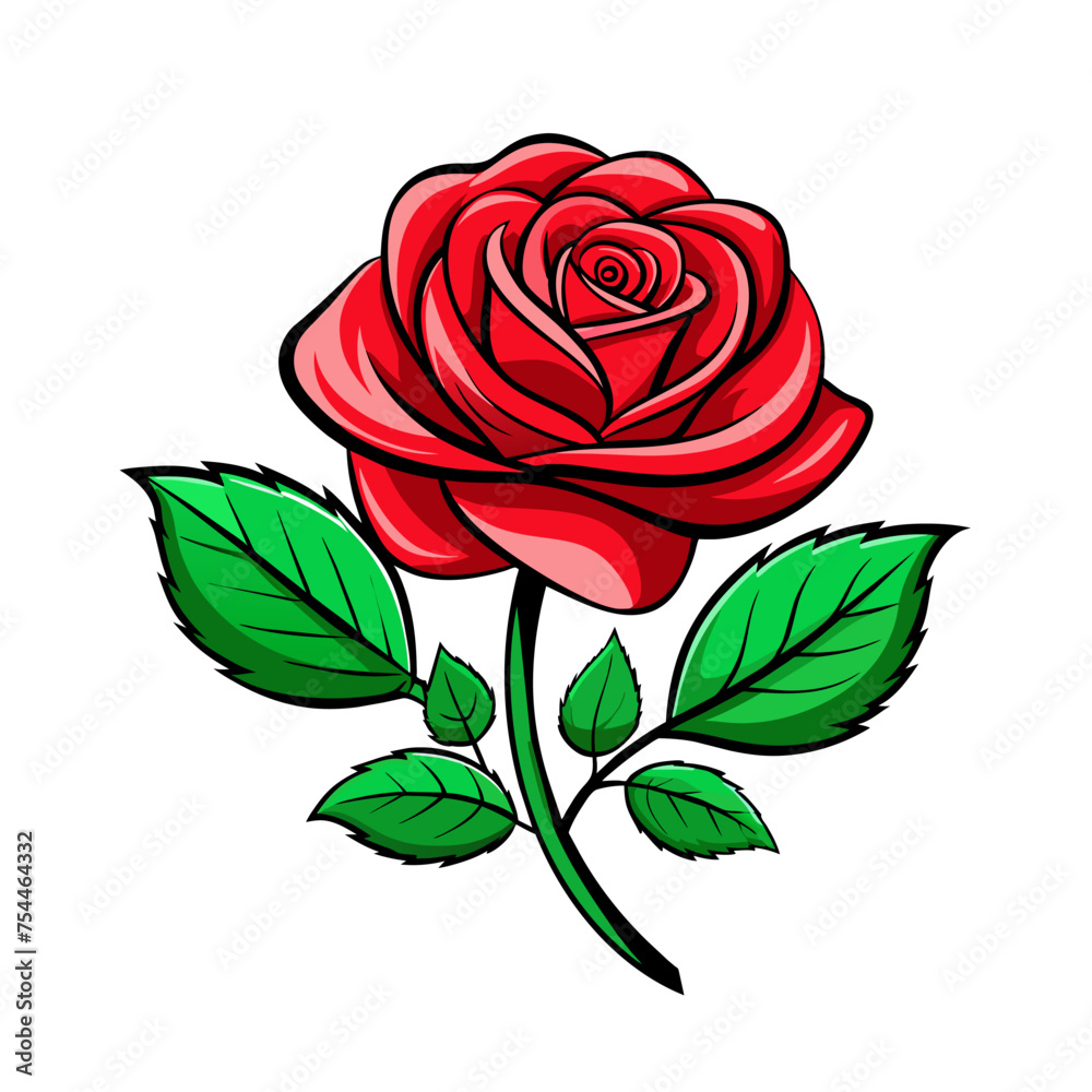 pink cartoon rose flower with green leaves on white pink cartoon rose flower with green leaves on white