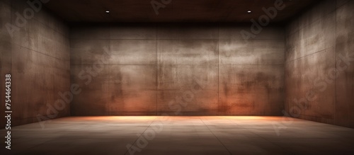 An empty room characterized by a dark, abstract, brown concrete wall and floor. The room appears smooth and devoid of any furnishings or decorations. © Lasvu