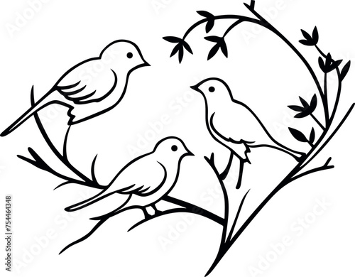 Two birds on a branch. Black and white layout for laser cutting on wood and vinyl. Wall decoration for a stylish room.