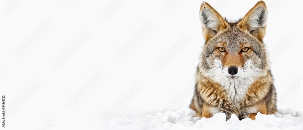 Fototapeta premium a close up of a fox in the snow looking at the camera with a sad look on it's face.