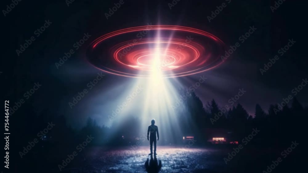 A man looks at a UFO or alien floating above a rice field in the clouds ...