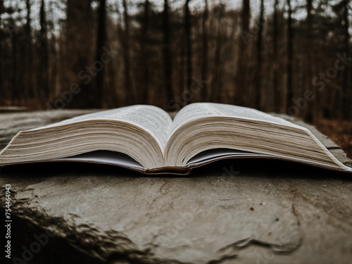 Open Bible in woods 