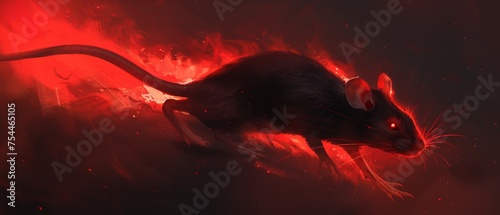  a painting of a rat on fire with red light coming out of it's mouth and a black tail.