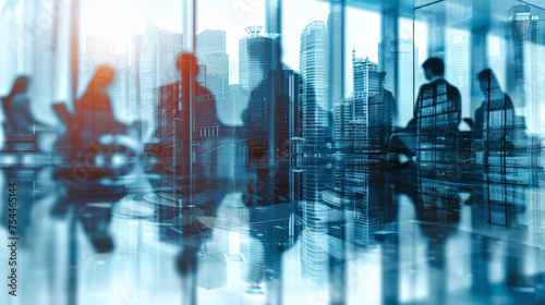 double exposure silhouettes of people in business at a modern office building, closing deals, networking, manager, CEOs, blue colors