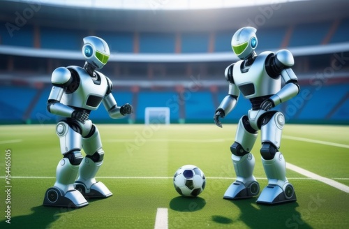 Robots playing a football in stadium. Two robot players play game in arena. © Anastasija