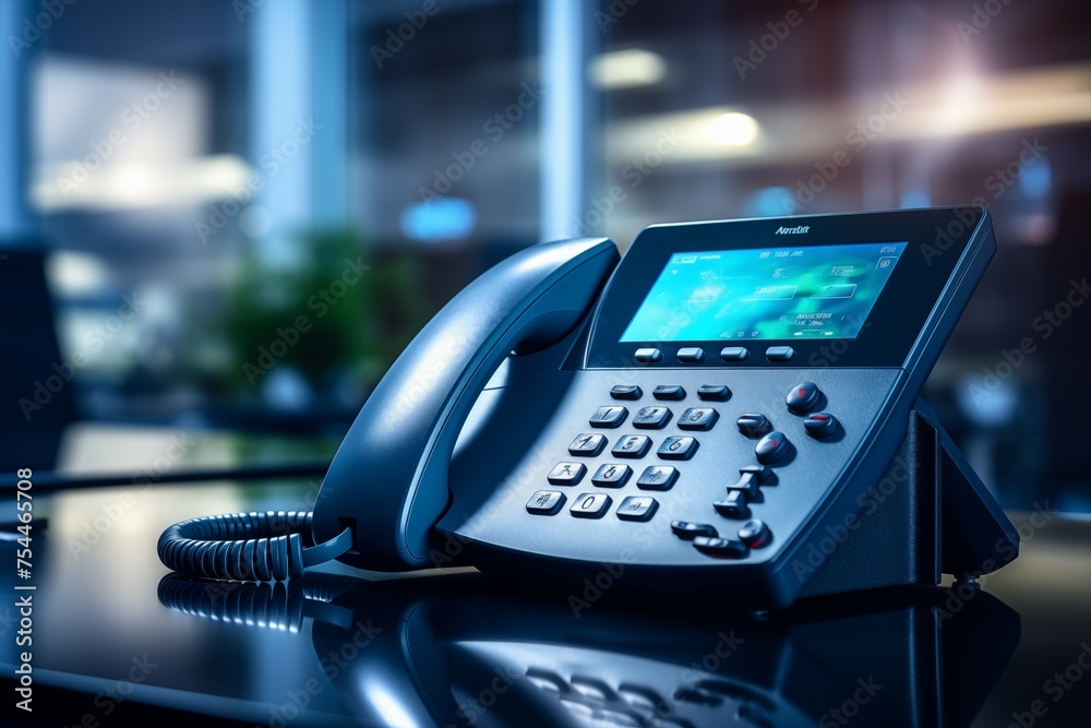 closeup office phone on desk on blurred office background with copy space closeup office phone on desk on blurred office background with copy space