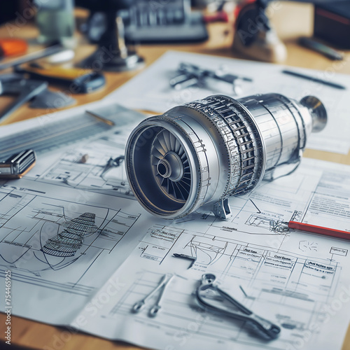 A highly detailed model of a jet engine rests on complex aerospace engineering blueprints, surrounded by design tools photo