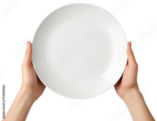 Hands holding a plain white plate, set against a simple and clean background, focusing solely on the hands and the plate, cut out transparent isolated on white background ,PNG file.