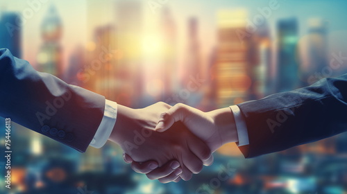 Close up of handshake on abstract city background.Teamwork concept. Double exposure. Filtered image. Business handshake photo