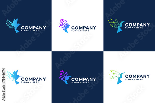 set of bird tech logo , hummingbird , connection , innovation , logo design inspiration.