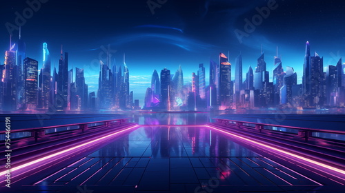Night city street with neon illumination  metaverse technology glow buildings  perspective view from rooftop. Urban architecture  megalopolis infrastructure in darkness.